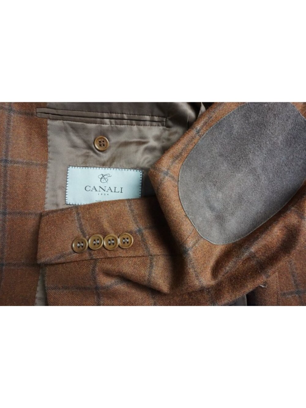 Canali Brown Plaid Suede Elbow Pad Flannel Cashmere Blend Sport Coat Jacket 44R